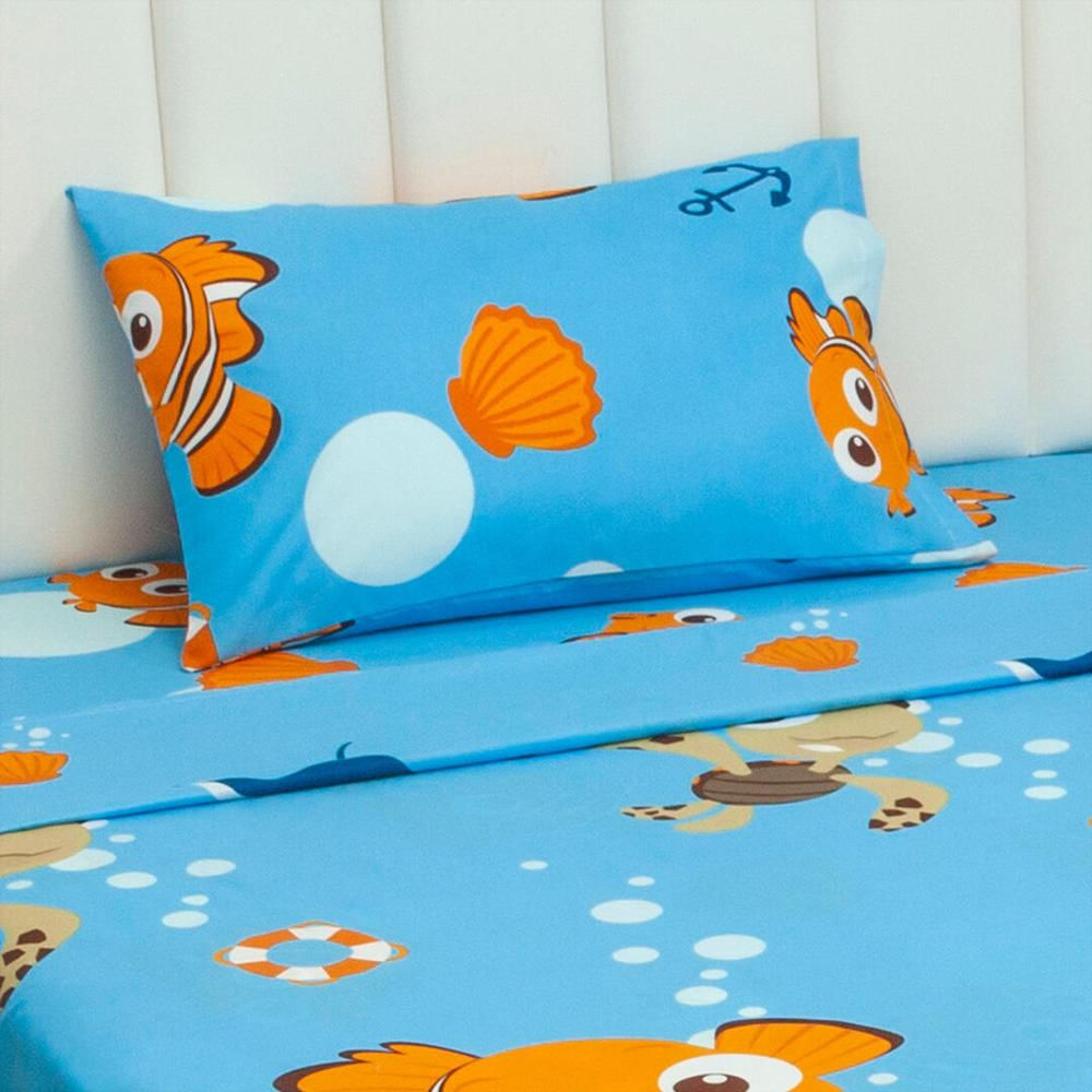 Combo Juego De Sabanas Y Cortina Infantil Microfibra Sencilla 100 Cm Azul De Nemo