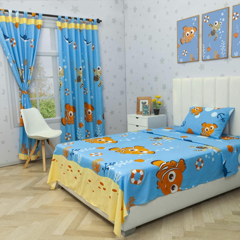 Combo Juego De Sabanas Y Cortina Infantil Microfibra Sencilla 100 Cm Azul De Nemo img #2