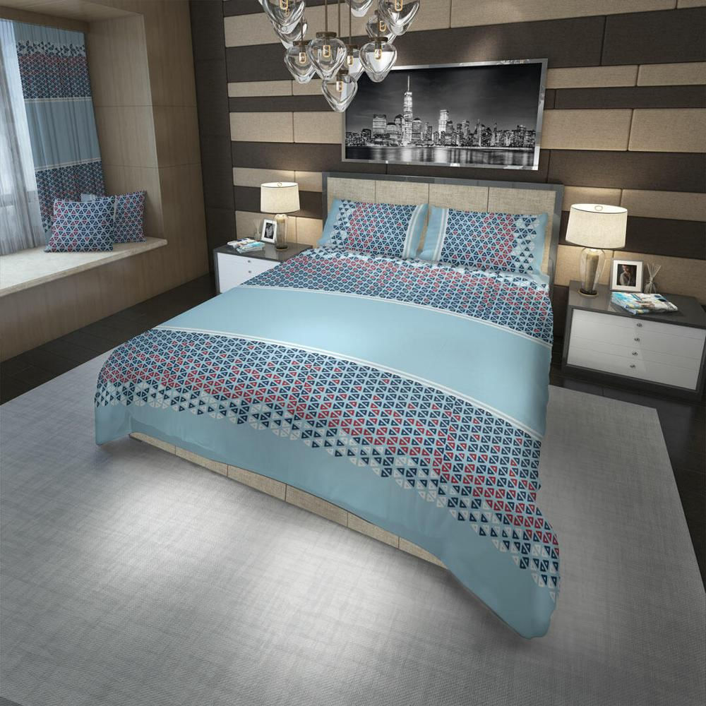 Juego De Sabanas Microfibra Doble 140 Cm Azul Con Triángulos Pequeños Azules Y Rojos img #2