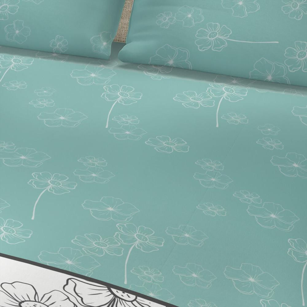 Juego De Sabanas Microfibra Sencilla 100 Cm Verde Azul Con Flores Blancas img #1