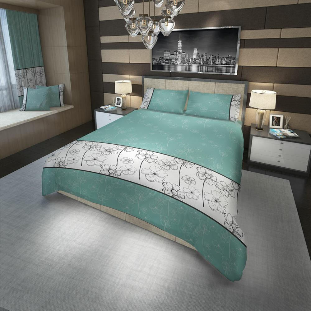 Juego De Sabanas Microfibra Sencilla 100 Cm Verde Azul Con Flores Blancas img #2