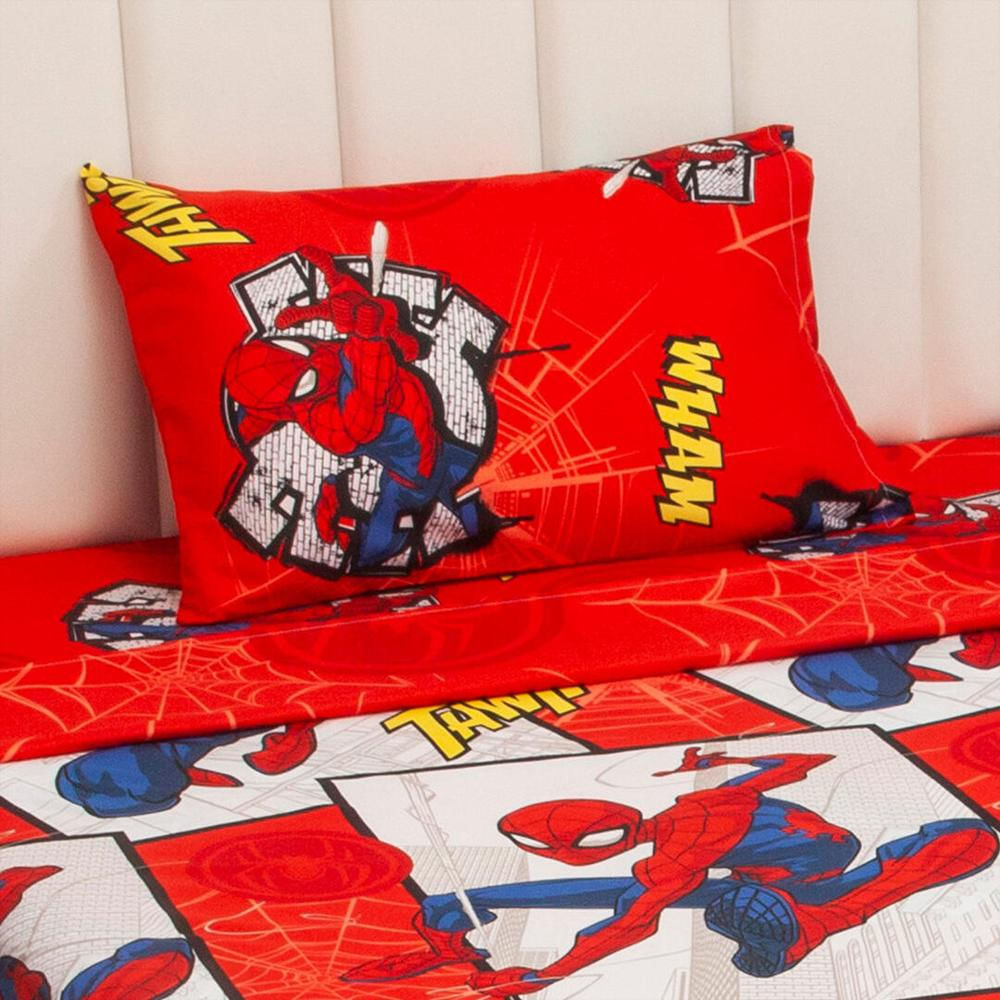 Combo Juego De Sabanas Y Cortina Infantil Microfibra Sencilla 100 Cm Rojo De Spiderman