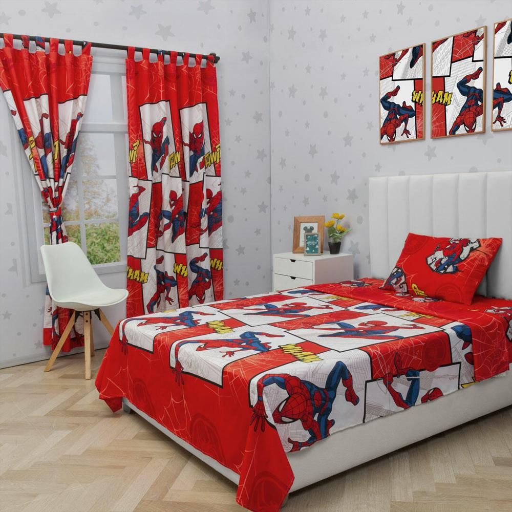 Combo Juego De Sabanas Y Cortina Infantil Microfibra Sencilla 100 Cm Rojo De Spiderman img #2