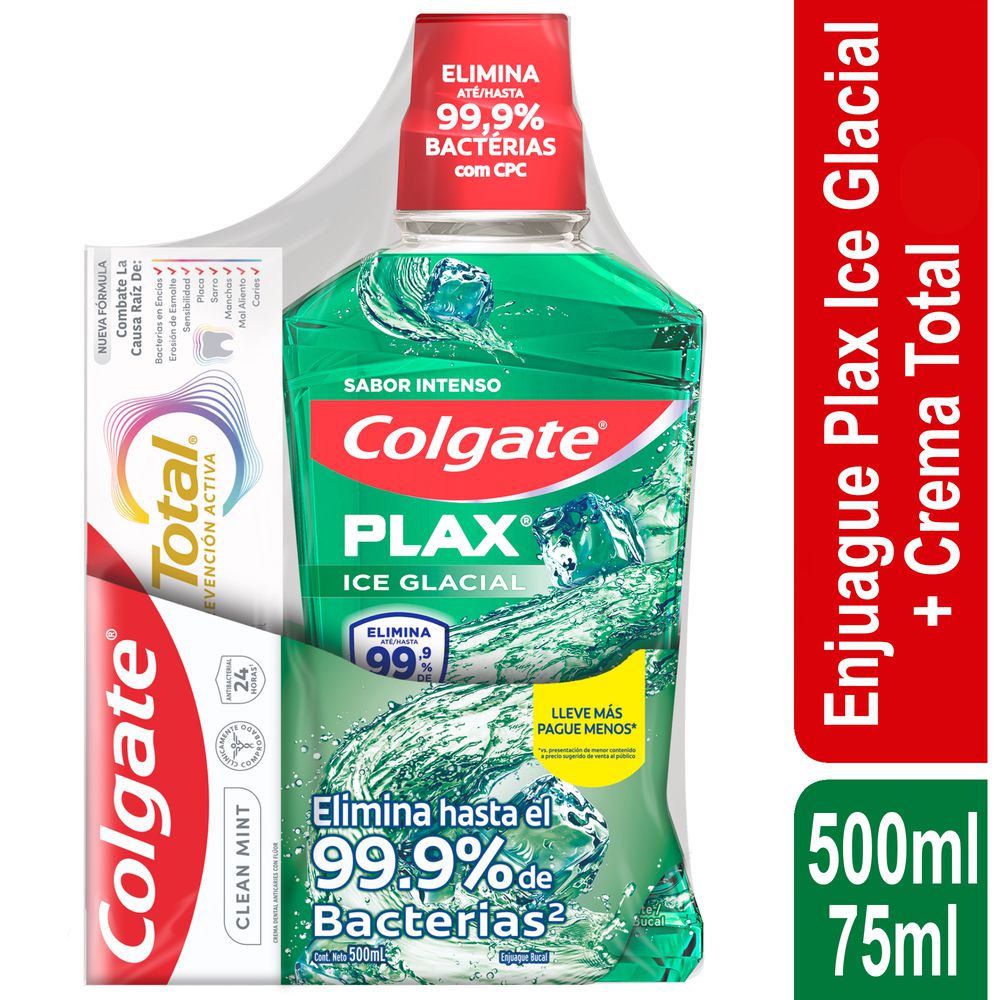 Crema Dental + Enjueague Bucal COLGATE Total 12 + Plax Ice Glacial (575 ml)