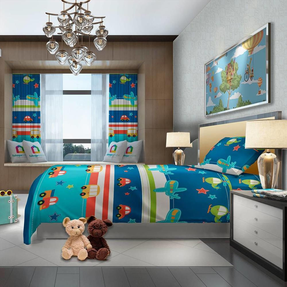 Oferta Juego De Sábanas Con Cortinas Cama Doble Infantil Aviones Y Carritos Rojos Y Amarillos Fondo Azul