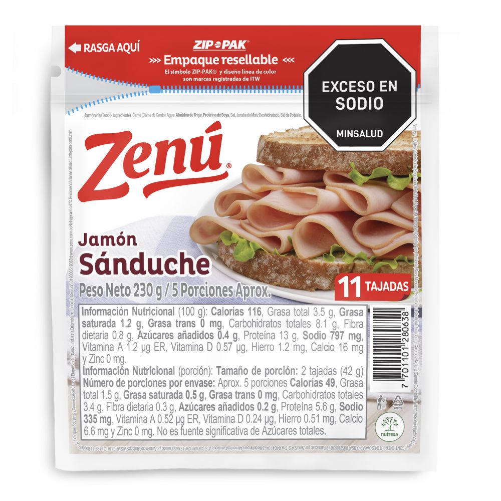 Jamón ZENU sánduche x11 tajadas (230 gr)