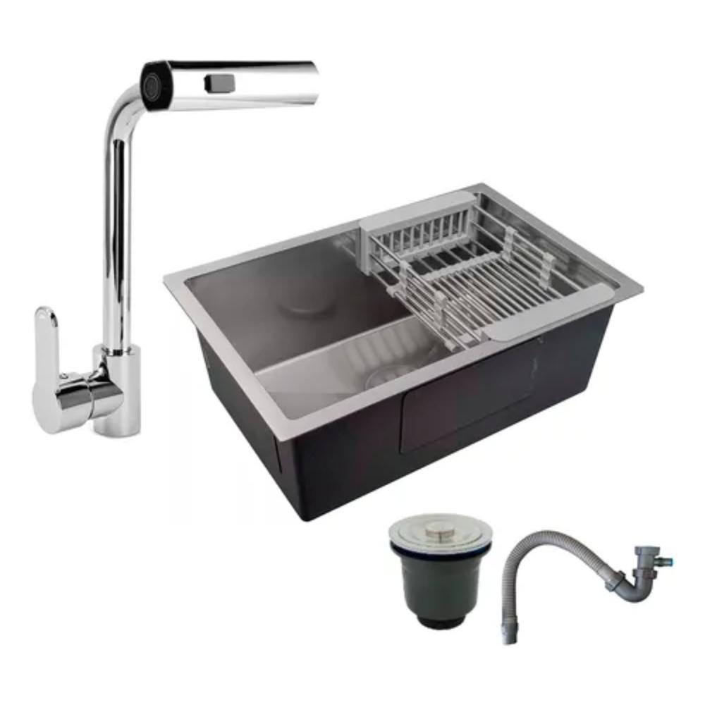 Combo Lavaplatos 60X45cm Color Plateado + Grifería Extraible 2 Funciones + Accesorios Hogar Decoración Cocina