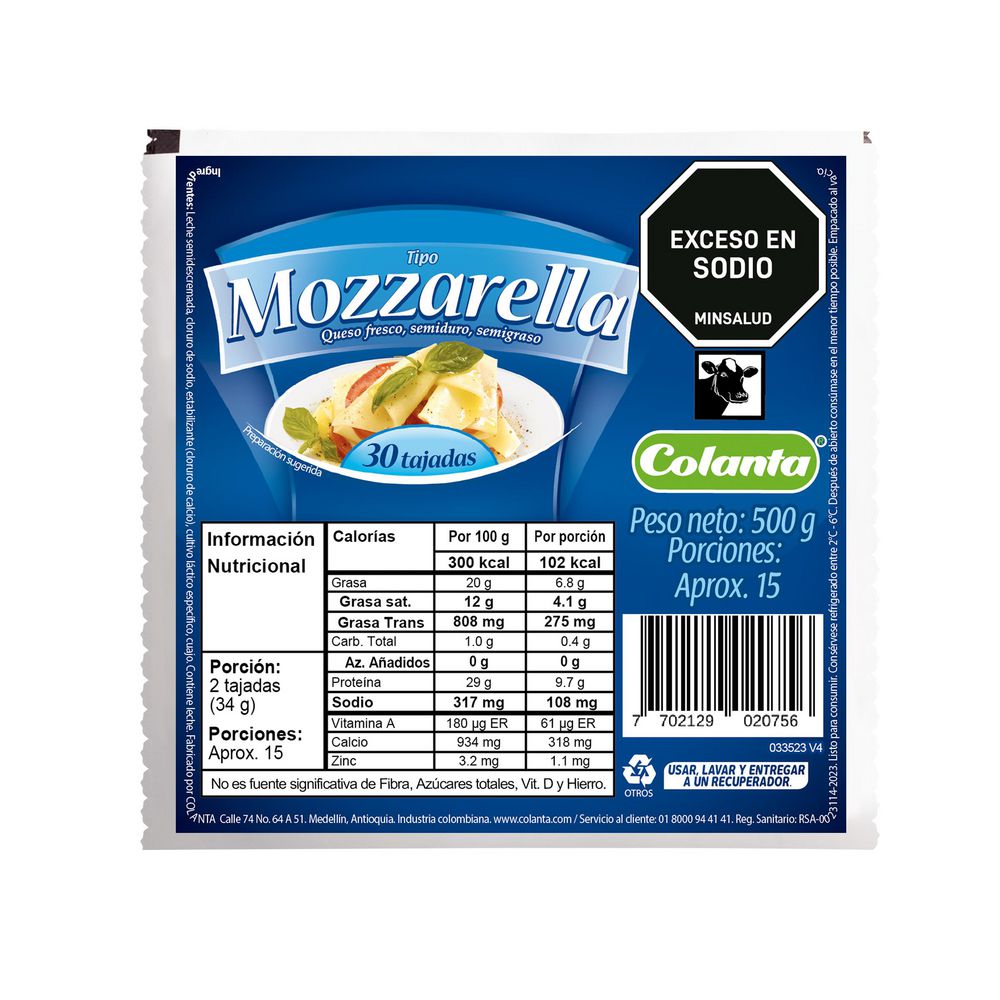 Queso mozzarella COLANTA fresco semiduro semigraso (500 gr)