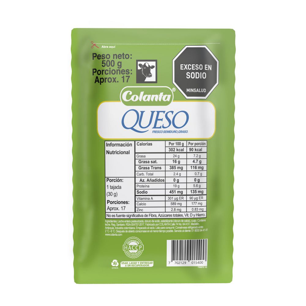 Queso COLANTA fresco semiduro graso (500 gr)