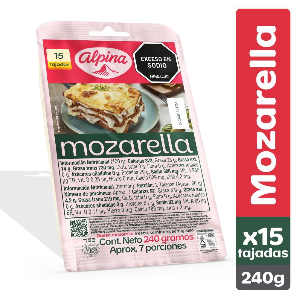 Queso Mozarella ALPINA 15 tajadas (240 gr)