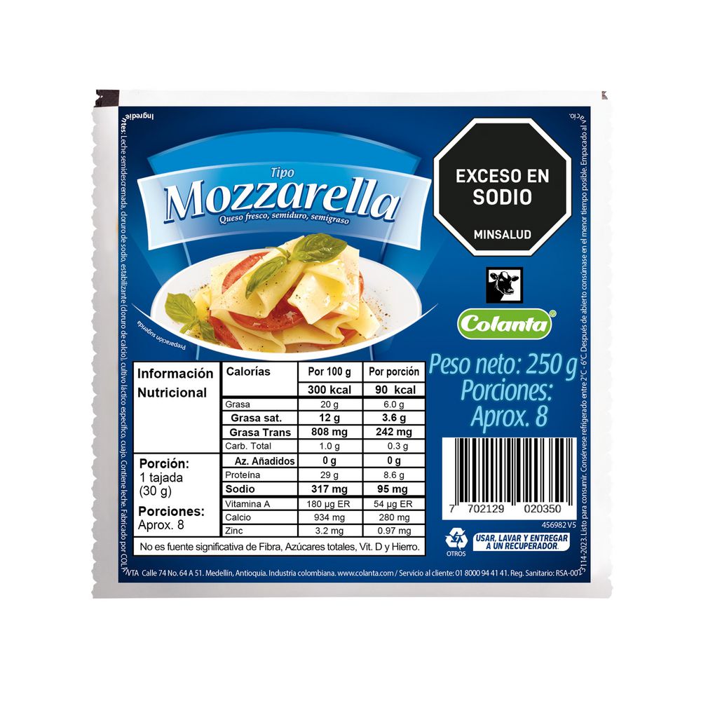 Queso mozzarella COLANTA fresco semiduro semigraso (250 gr)
