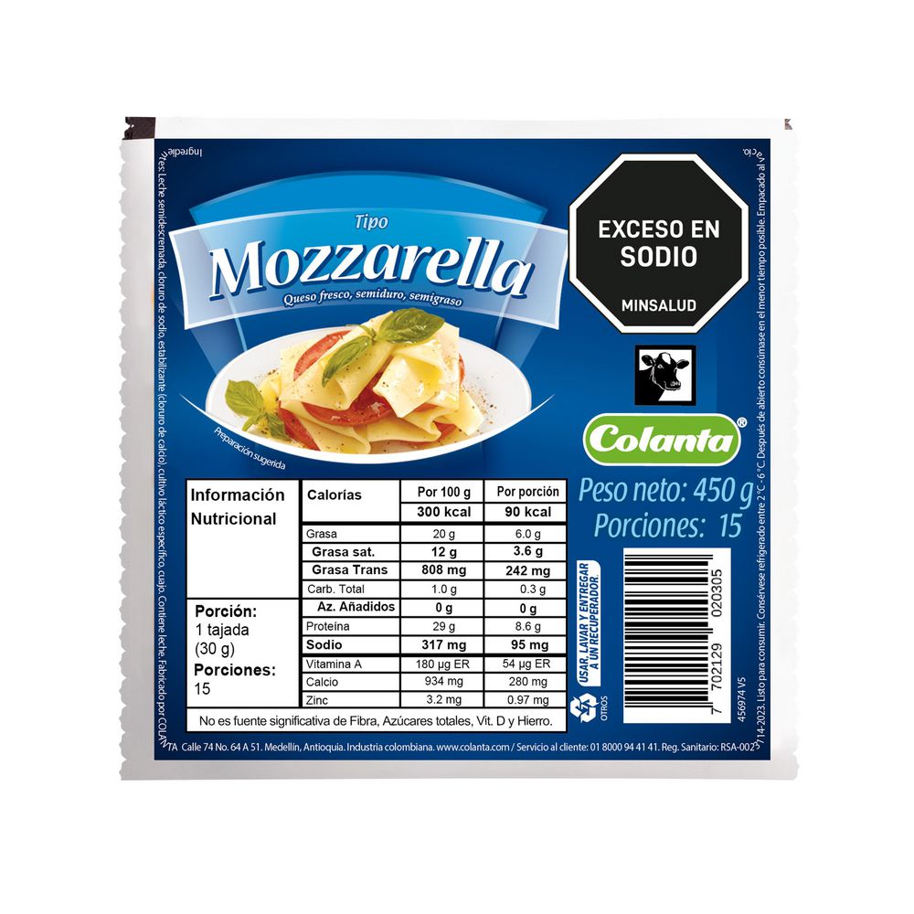 Queso mozzarella COLANTA fresco semiduro semigraso (450 gr)