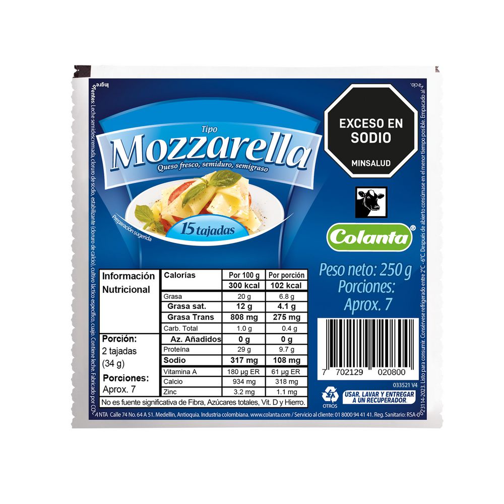 Queso mozzarella COLANTA fresco semiduro semigraso (250 gr)