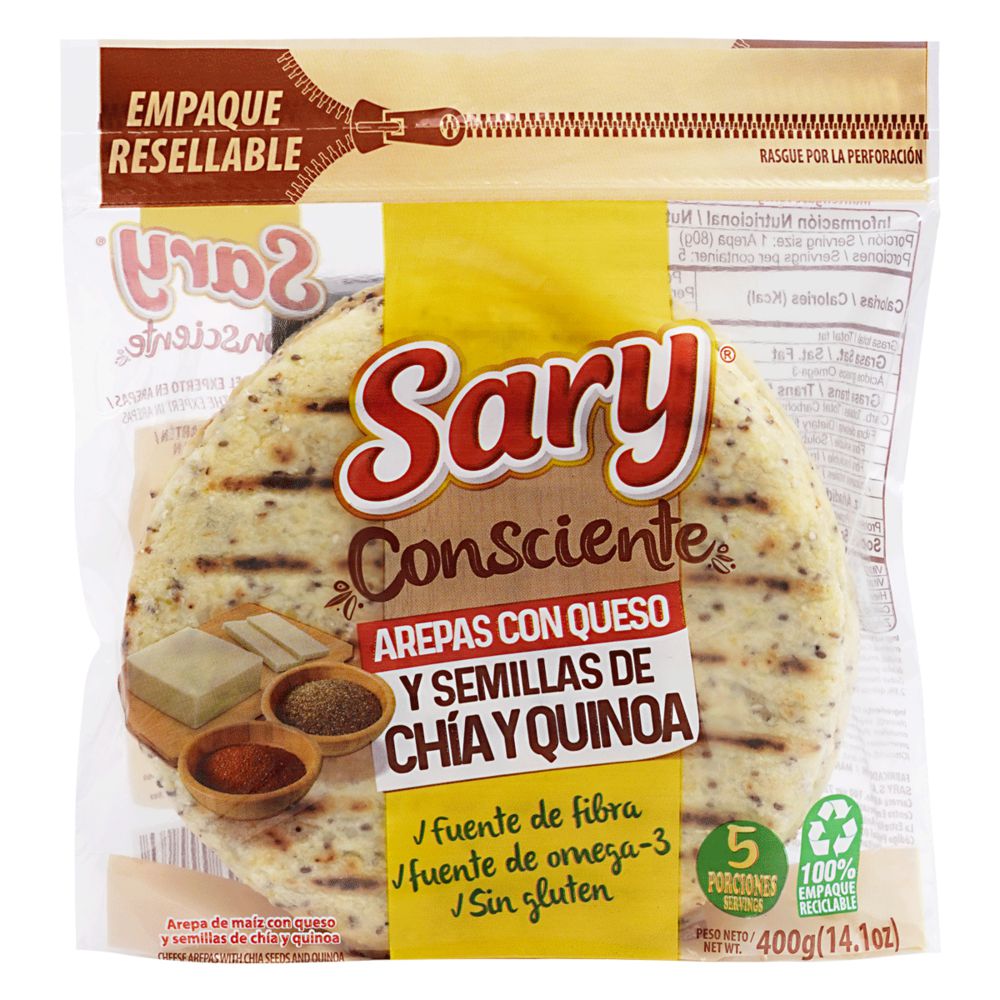 Arepas integrales SARY CONSCIENTE queso semillas chía y quinoa x5und (400 gr)