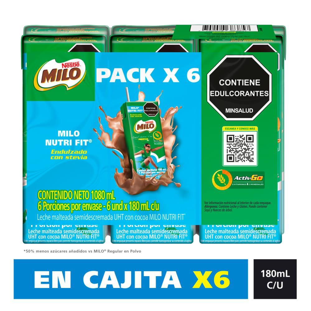 Leche malteada MILO menos azúcares cajita x6und (1080 ml)