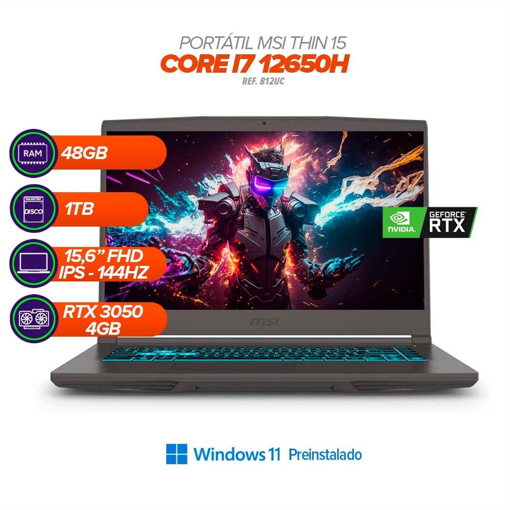 Portátil Gamer Msi Thin Intel Core I7 12650H Rtx 3050 4Gb 48Gb Ram 1Tb Ssd 15.6 pulgadas Fhd 144Hz 15B12uc + Mochila img #1