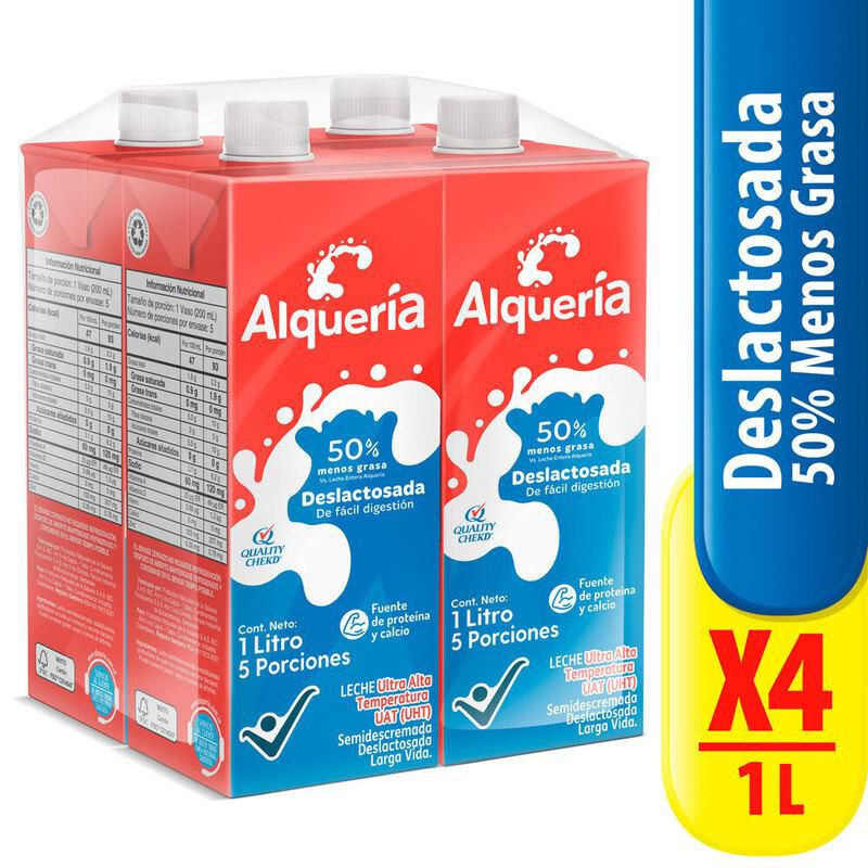 Leche deslactosada ALQUERIA 50% menos grasa x4und 1000ml (4000 ml)