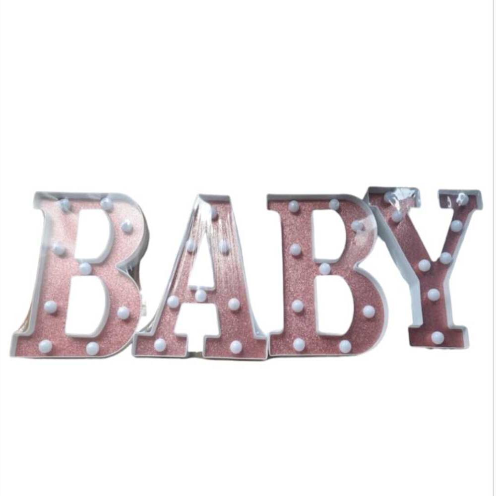 Letras Led Baby 3D Escarchadas En Rosado Decoración Iluminada Para Eventos De Niña.