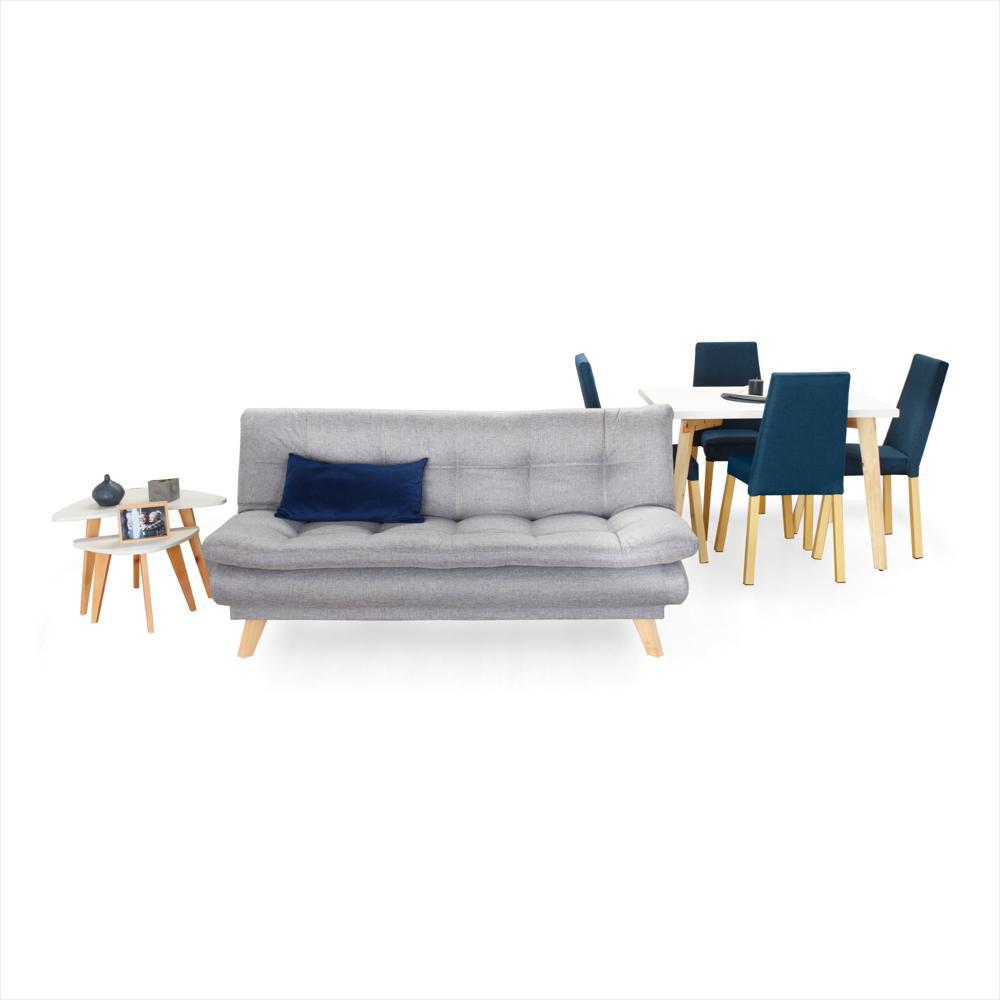 Combo Sofa Cama Munich Plata + Comedor 4 Puestos Lugo Matiz Sillas Viena 408X284x92 Azul