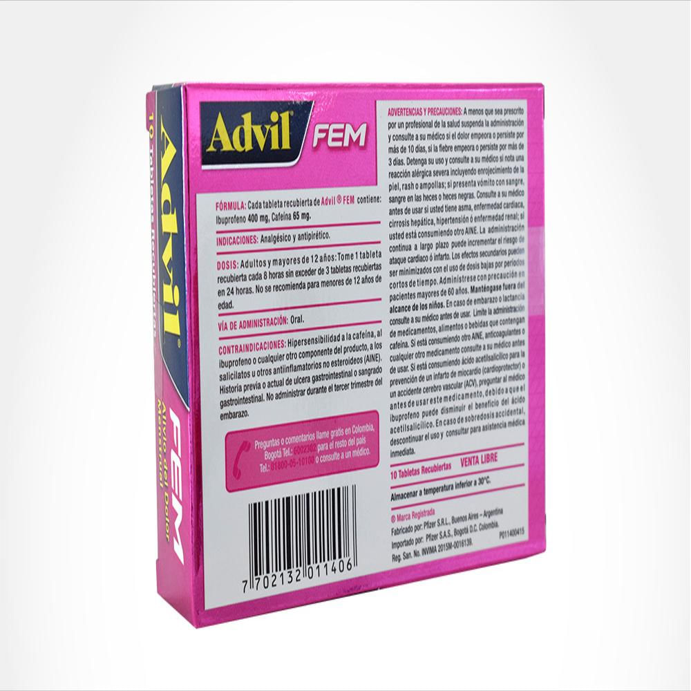 Advil Fem Cafeina 65Mg/Ibuprofeno 400Mg Tab Rec Oral Caj 10 Tab 1 U img #2