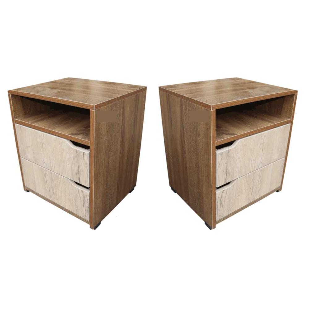Combo 2 Mesas De Noche Modernas Nocheros Con 2 Cajones 1 Estante Color Caramelo Beige Dormitorio Muebles