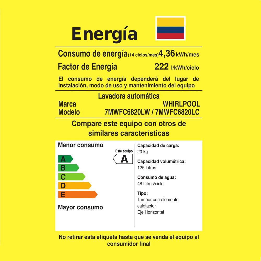 Lavadora secadora WHIRLPOOL Eléctrica 20 kg lav / 10 kg Sec  7MWFC6820LW Blanco img #5