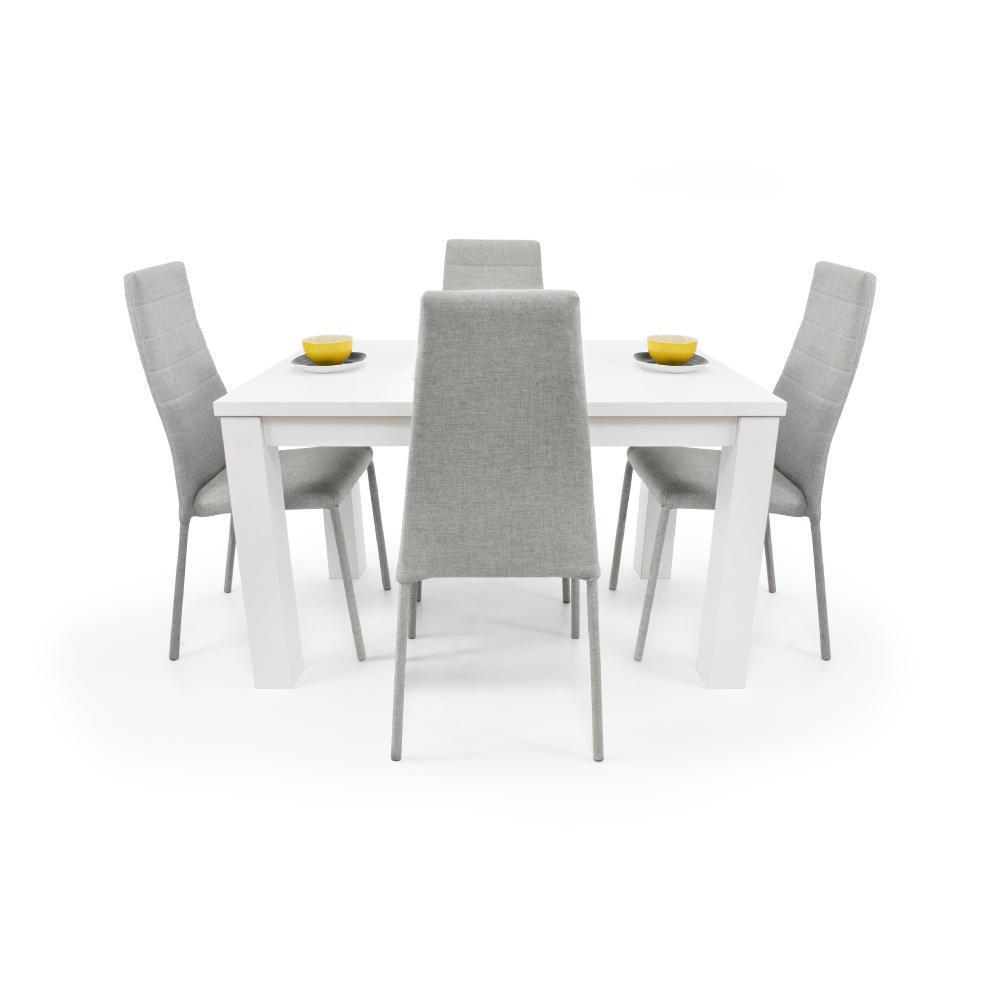 Comedor 4 Puestos Merida Blanco Sillas Parma Plata Tela