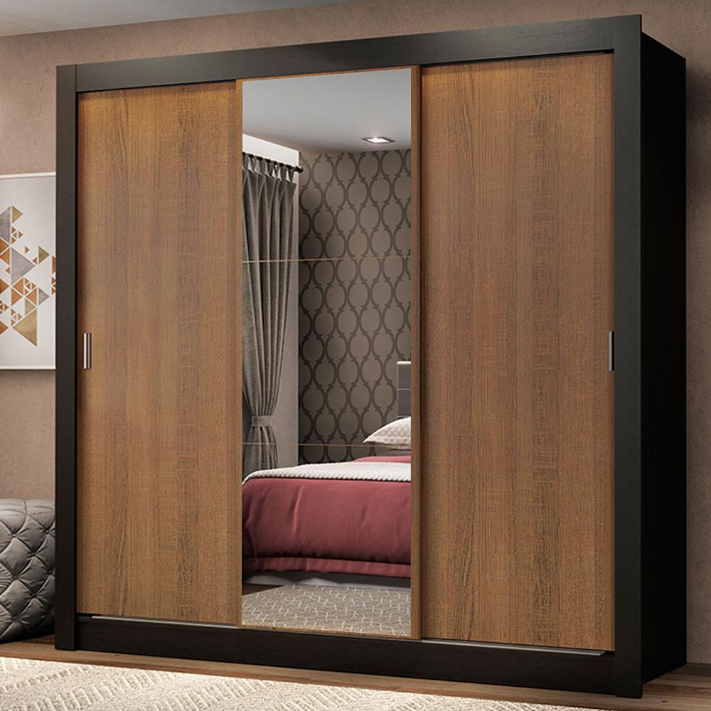 Closet Mônaco 3 Puertas Corredizas Con 1 Espejo Negro/Marrón