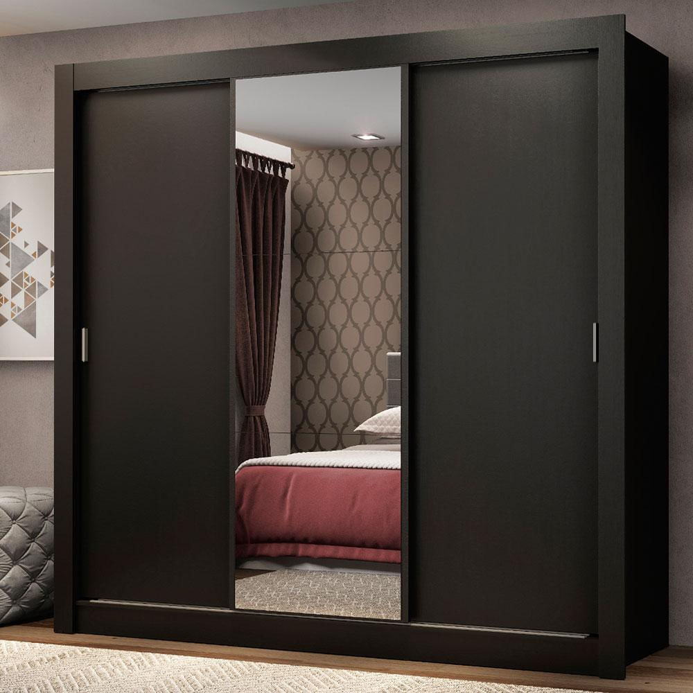 Closet Mônaco 3 Puertas Corredizas Con 1 Espejo Negro