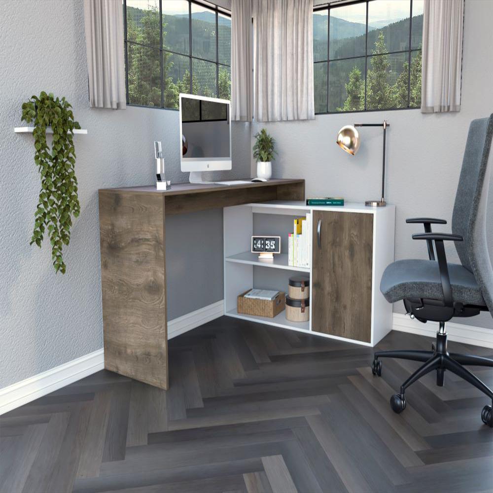 Escritorio En L Moscú, Nogal Y Blanco, Con Un Cajón Y Dos Entrepaños img #3