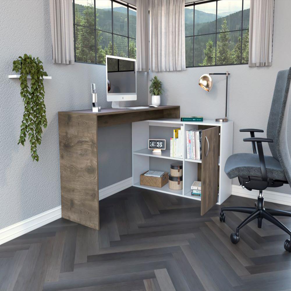 Escritorio En L Moscú, Nogal Y Blanco, Con Un Cajón Y Dos Entrepaños img #4