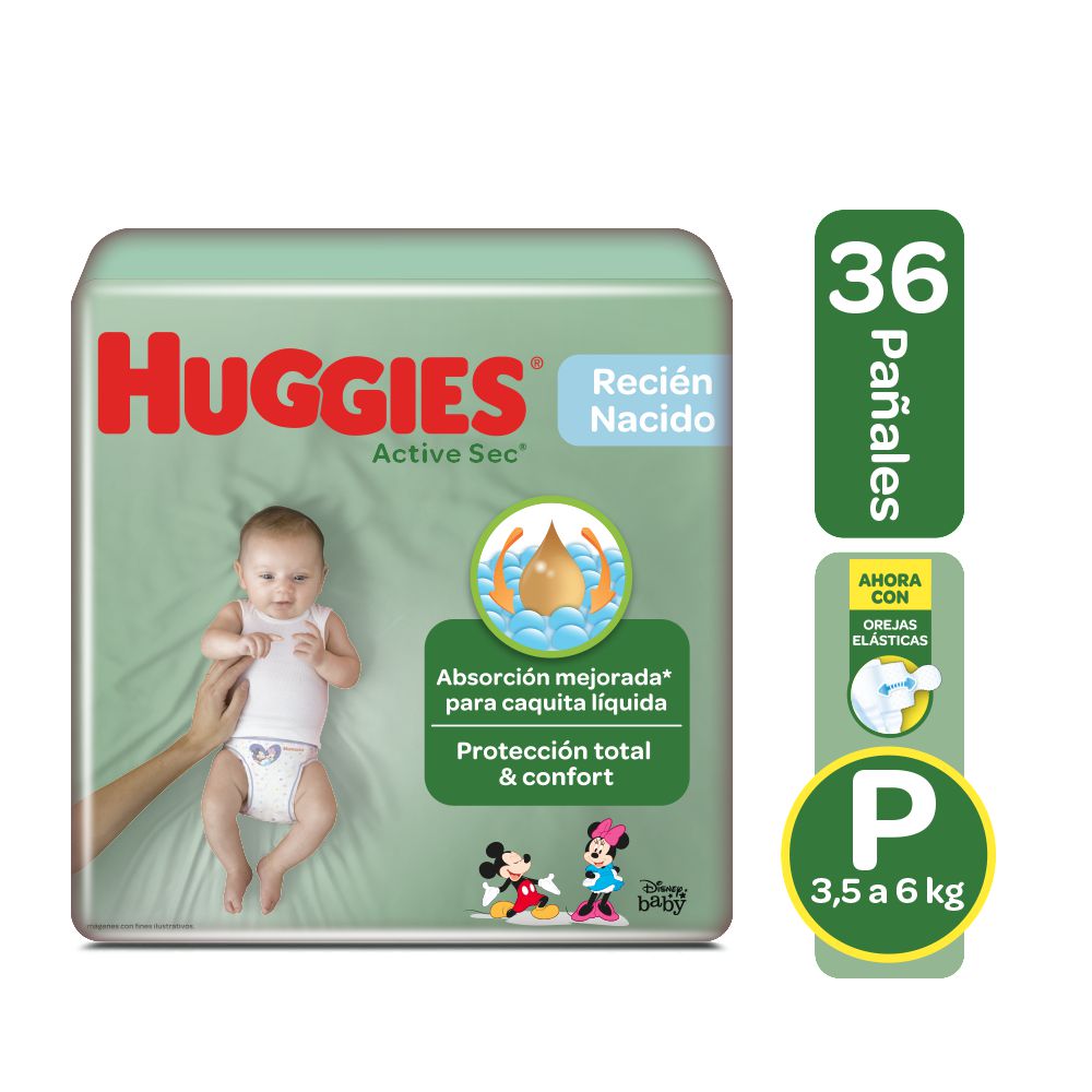 Pañales HUGGIES active sec etapa 1  P (36  und)
