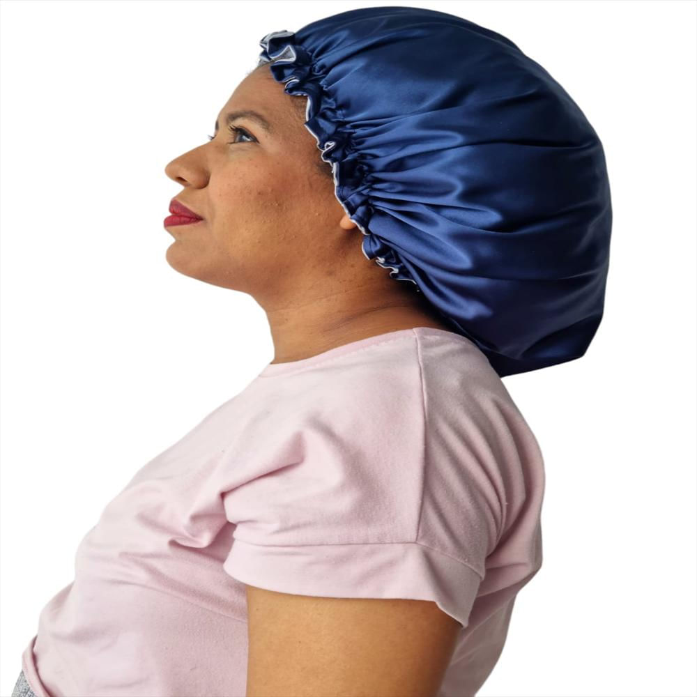 Gorro De Satín Antifrizz Cabello Liso Azul Oscuro / Plata