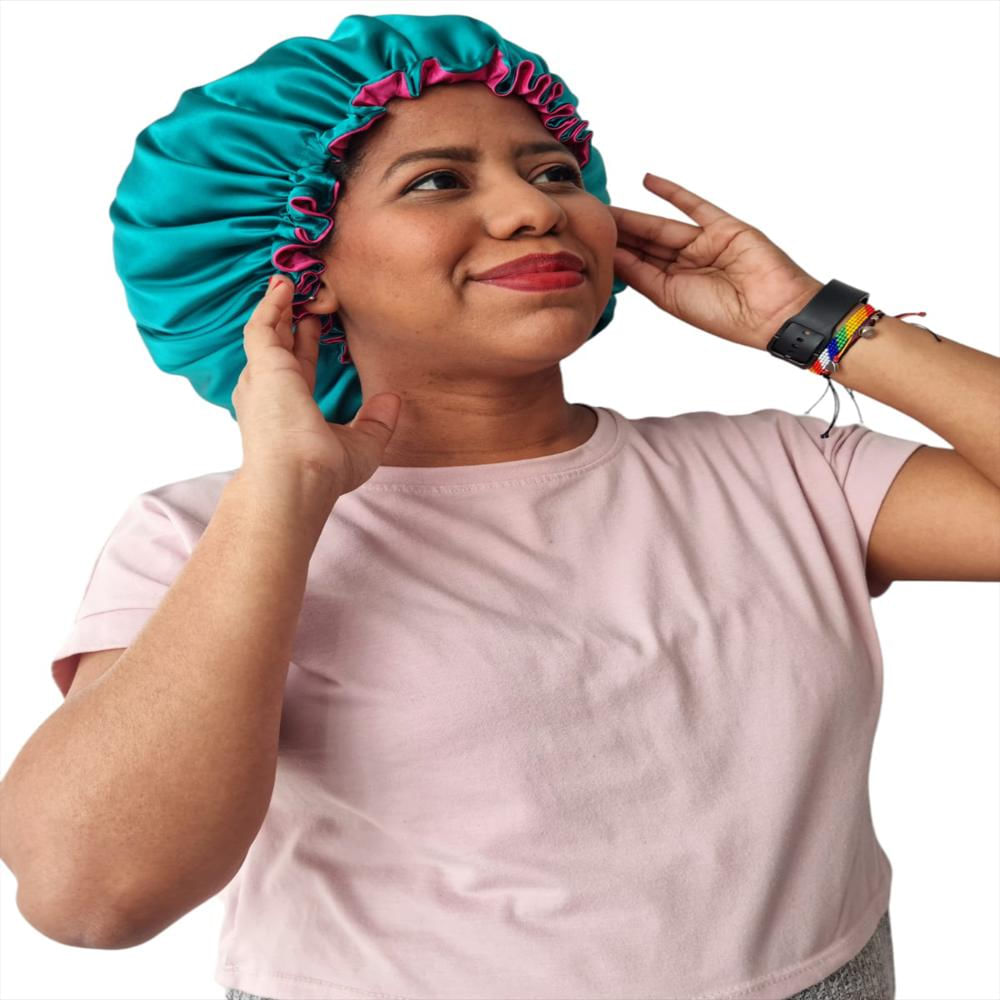 Gorro De Satín Antifrizz Cabello Liso Verde Jade / Fucsia