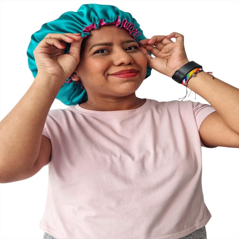Gorro De Satín Antifrizz Cabello Liso Verde Jade / Fucsia img #2