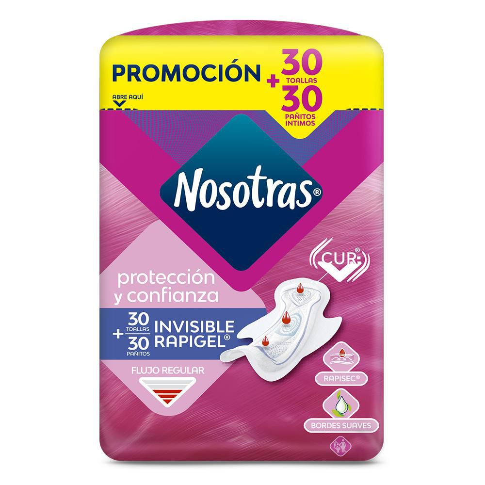 Toallas higiénicas NOSOTRAS invisible rapigel + pañitos íntimos (30  und)
