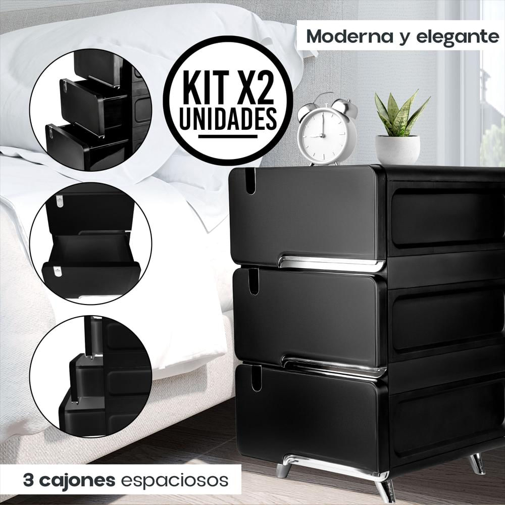 Set X2 Mesas De Noche 3 Cajones Moderna Plástico Resistente img #2