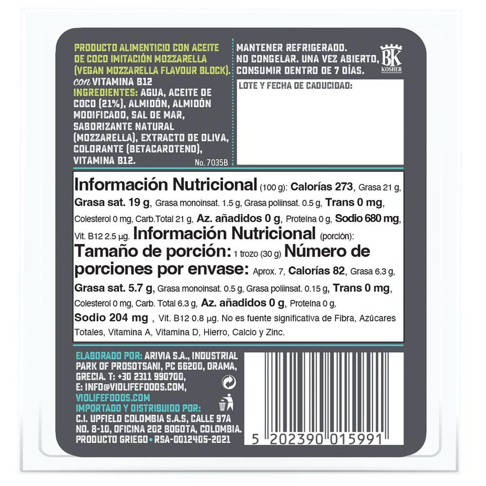 Alim Bloque Mozarella Vegano Violife 200  gr img #2