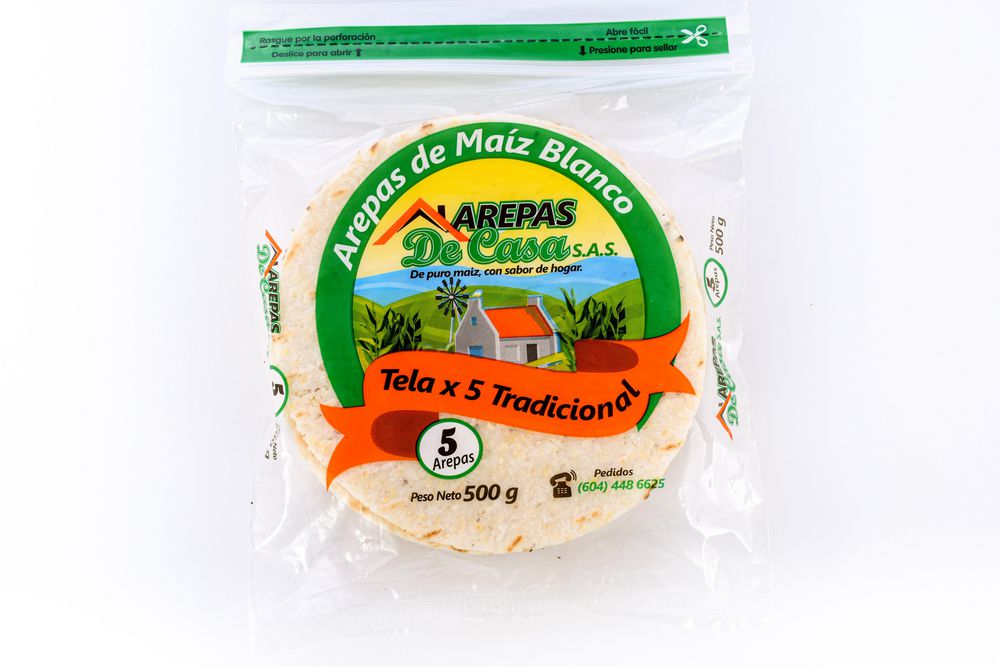 Arepas blancas PRODUCTOS ALIMENTICIOS DE CASA tela x 5und (500  gr) img #1