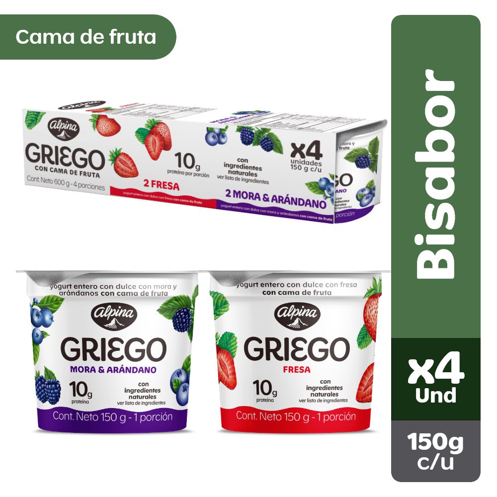 Yogurt griego ALPINA mora y arándanos x4und (564  ml)