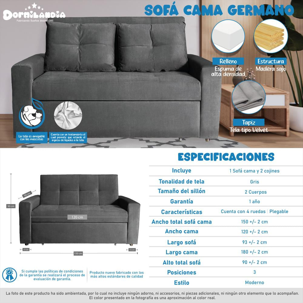 Sofá Cama Germano + 2 Cojines Color Gris img #2