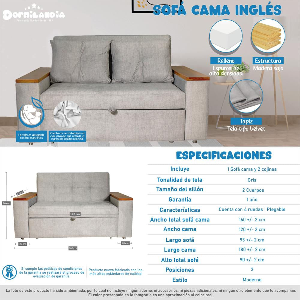 Sofá Cama Gris Inglés 3 Posiciones + 2 Cojines img #2