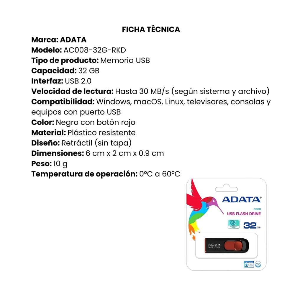 Memoria Usb Adata 2.0 C008 Retráctil 32Gb Negra img #5