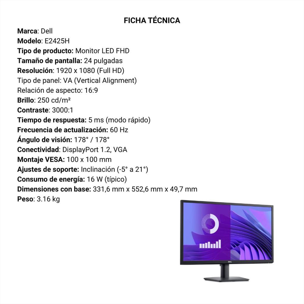 Monitor Dell Fhd 24 pulgadas Negro img #5