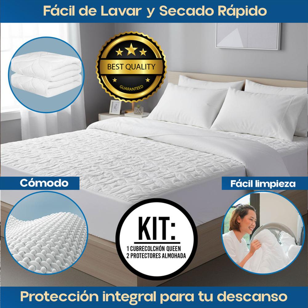 Combo Cama Queen: Cubrecolchón + 2 Protectores Almohada img #4
