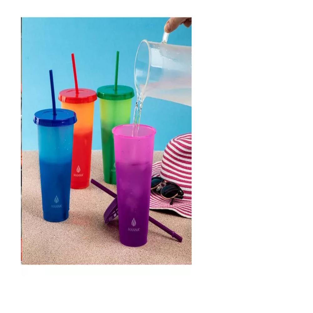 12 Vasos Reutilizables Con Paja Y Tapa Que Cambian De Color img #2
