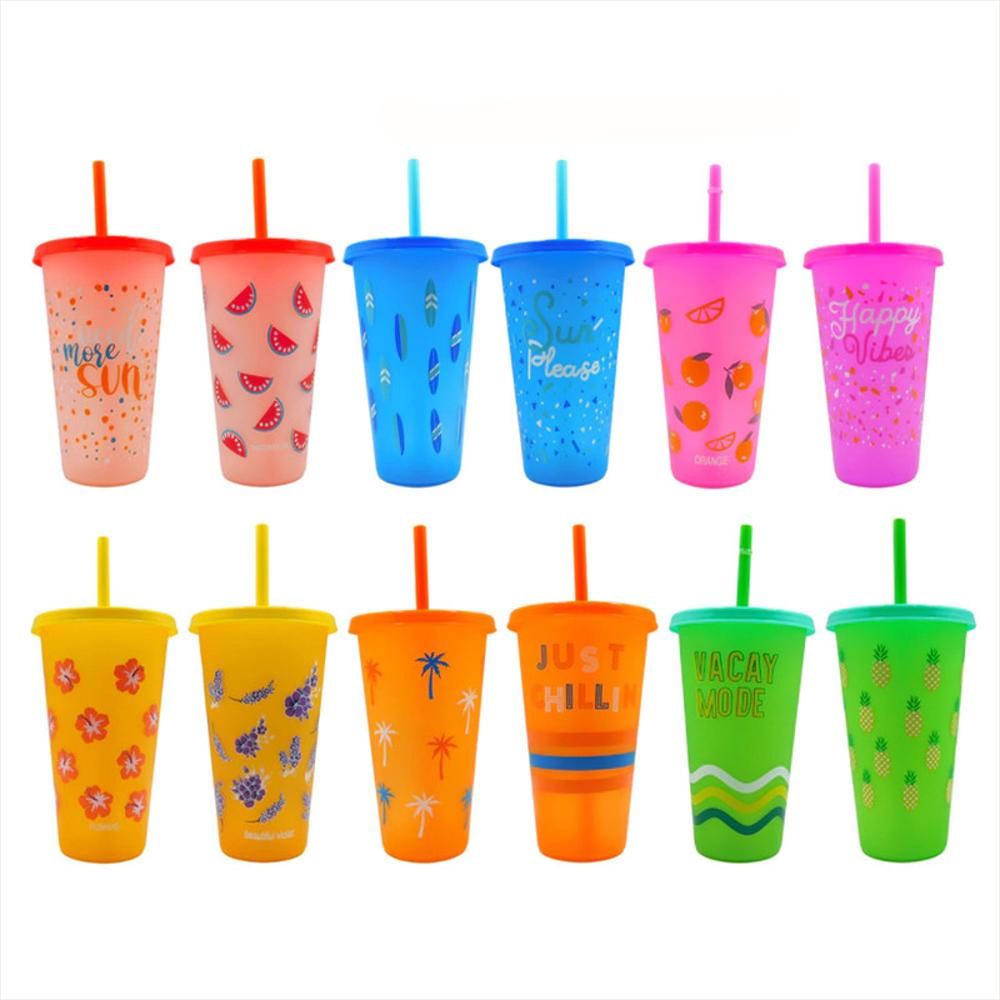 Kit Vaso Pitillo Tapa Bebidas 600Ml Plastico Colores Reutilizable X12