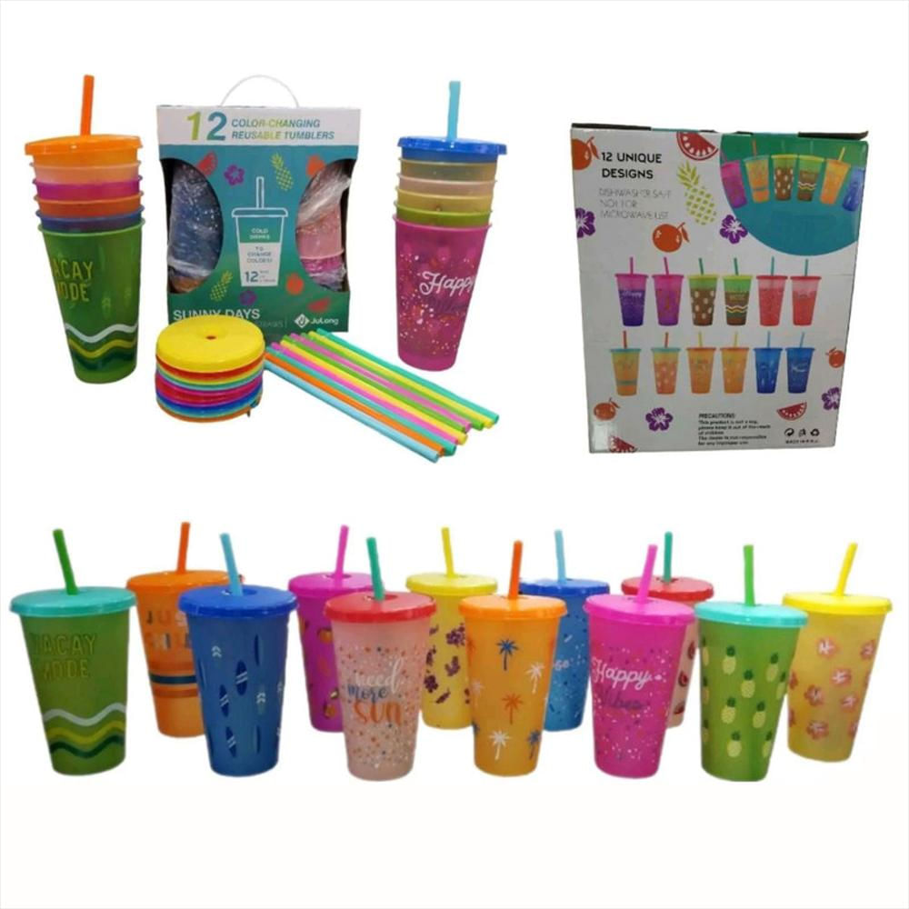 Kit Vaso Pitillo Tapa Bebidas 600Ml Plastico Colores Reutilizable X12 img #2