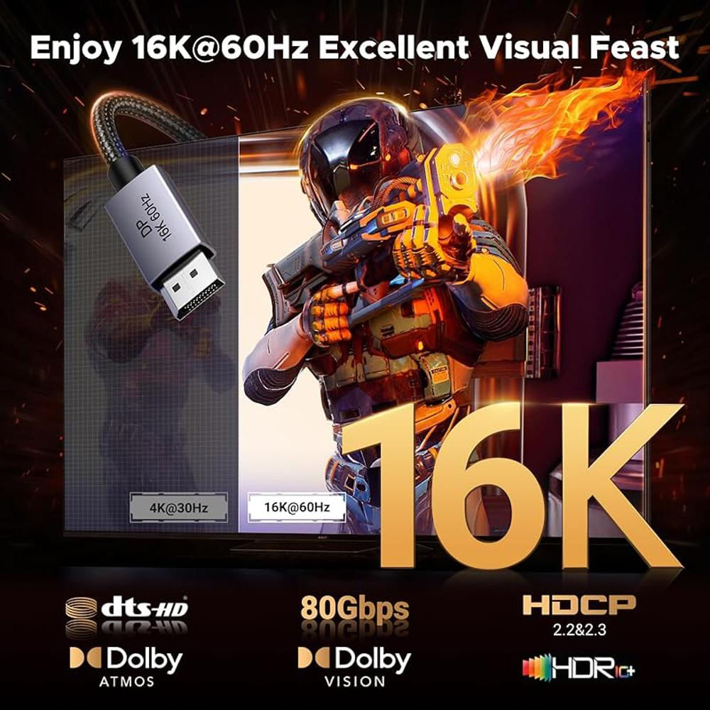 Cable Ugreen Displayport 2.1 16K 80Gbps 8K 240Hz 4K 480Hz Hdr Freesync G Sync 2 Metros img #3