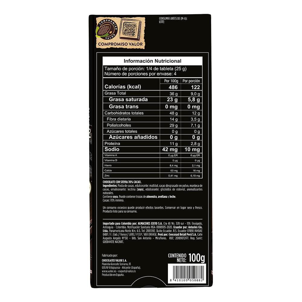 Barra de chocolate VALOR MARCA EXCLUSIVA chocolate con stevia 70% cacao (100  gr) img #2